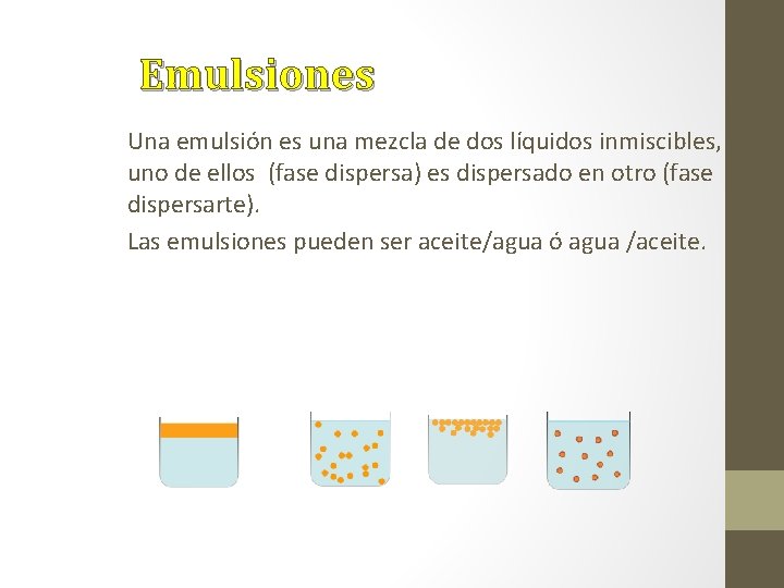 Emulsiones Una emulsión es una mezcla de dos líquidos inmiscibles, uno de ellos (fase
