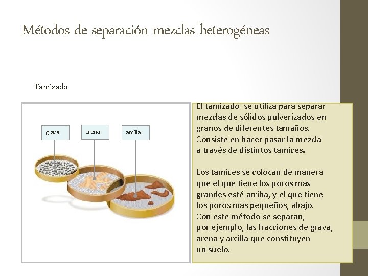 Métodos de separación mezclas heterogéneas Tamizado grava arena arcilla El tamizado se utiliza para