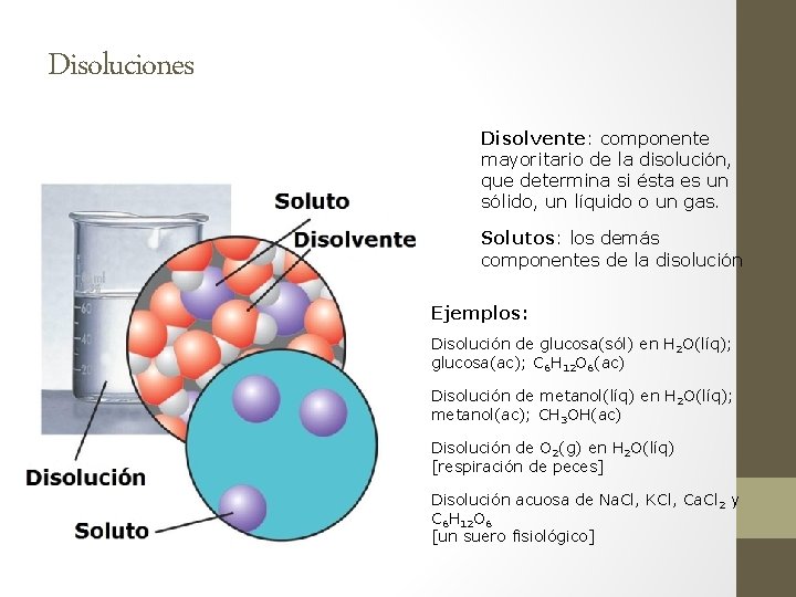 Disoluciones Disolvente: componente mayoritario de la disolución, que determina si ésta es un sólido,