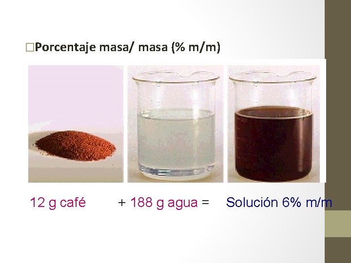 �Porcentaje masa/ masa (% m/m) 12 g café + 188 g agua = Solución