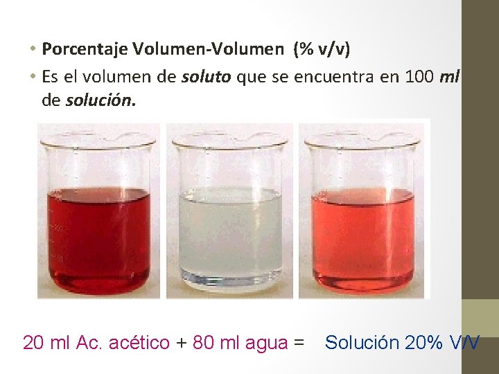  • Porcentaje Volumen-Volumen (% v/v) • Es el volumen de soluto que se