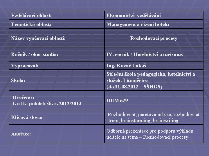 Vzdělávací oblast: Ekonomické vzdělávání Tematická oblast: Management a řízení hotelu Název vyučovací oblasti: Rozhodovací