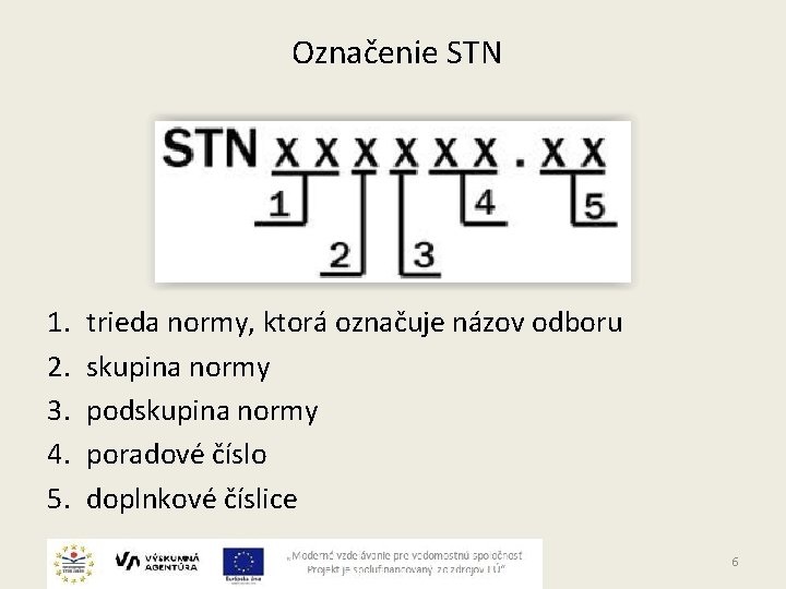  Označenie STN 1. 2. 3. 4. 5. trieda normy, ktorá označuje názov odboru