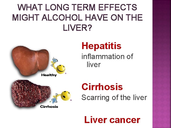 WHAT LONG TERM EFFECTS MIGHT ALCOHOL HAVE ON THE LIVER? Hepatitis inflammation of liver