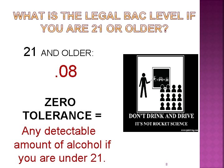 21 AND OLDER: . 08 ZERO TOLERANCE = Any detectable amount of alcohol if