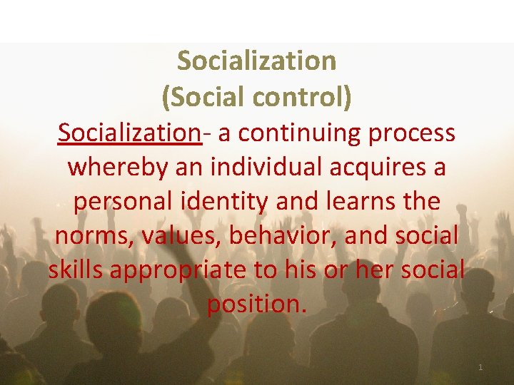 Socialization (Social control) Socialization- a continuing process whereby an individual acquires a personal identity