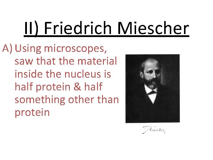 II) Friedrich Miescher A) Using microscopes, saw that the material inside the nucleus is