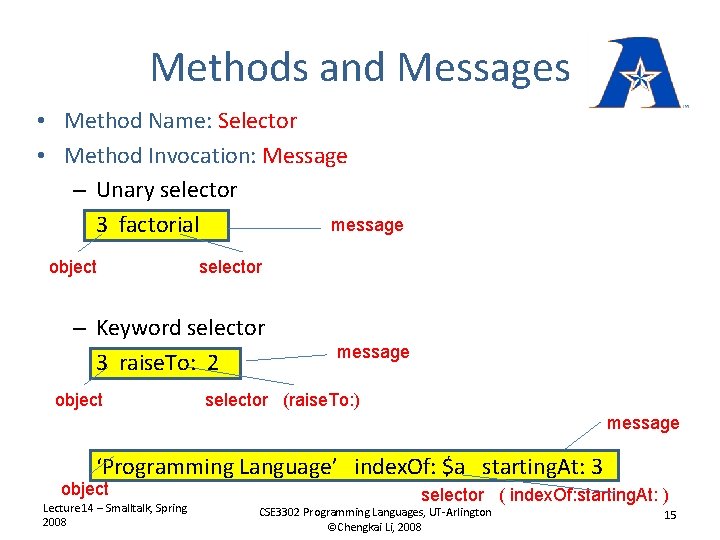 Methods and Messages • Method Name: Selector • Method Invocation: Message – Unary selector