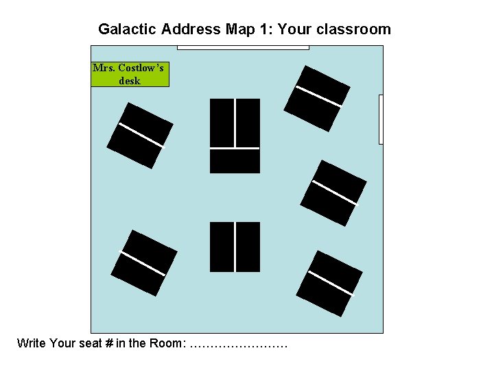 Galactic Address Map 1: Your classroom Mrs. Costlow’s desk Write Your seat # in