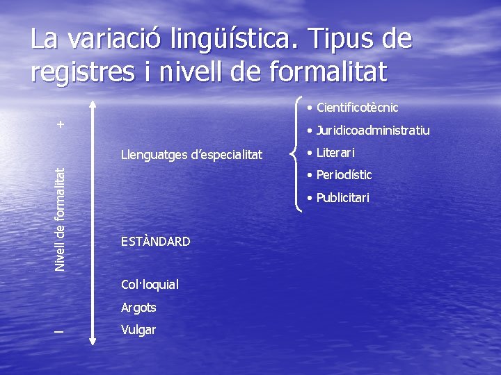 La variació lingüística. Tipus de registres i nivell de formalitat + • Cientificotècnic •