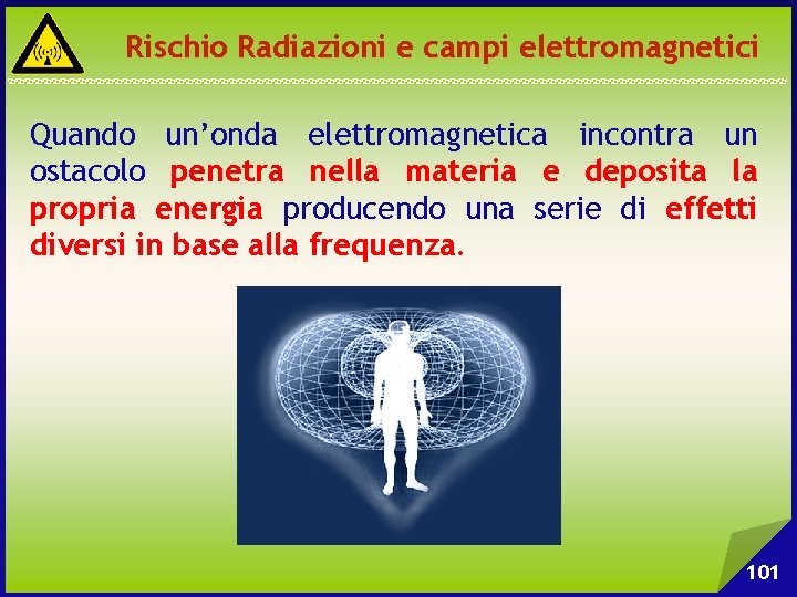 Rischio Radiazioni e campi elettromagnetici Quando un’onda elettromagnetica incontra un ostacolo penetra nella materia