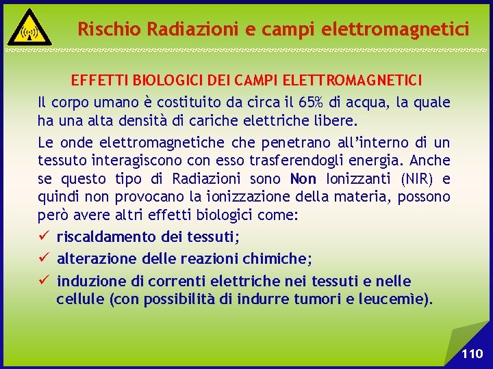 Rischio Radiazioni e campi elettromagnetici EFFETTI BIOLOGICI DEI CAMPI ELETTROMAGNETICI Il corpo umano è