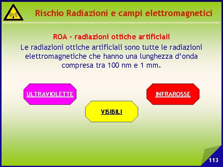 Rischio Radiazioni e campi elettromagnetici ROA - radiazioni ottiche artificiali Le radiazioni ottiche artificiali