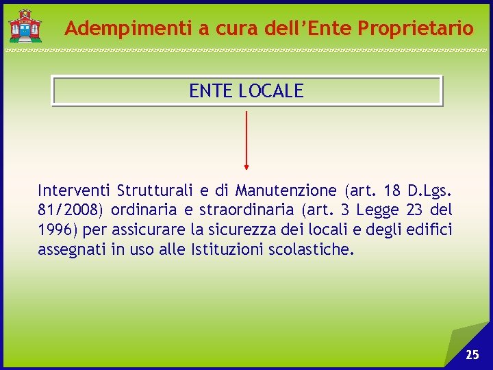 Adempimenti a cura dell’Ente Proprietario ENTE LOCALE Interventi Strutturali e di Manutenzione (art. 18