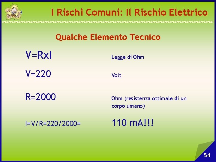 I Rischi Comuni: Il Rischio Elettrico Qualche Elemento Tecnico V=Rx. I Legge di Ohm