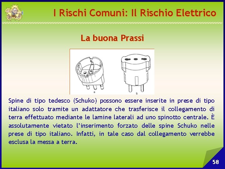 I Rischi Comuni: Il Rischio Elettrico La buona Prassi Spine di tipo tedesco (Schuko)