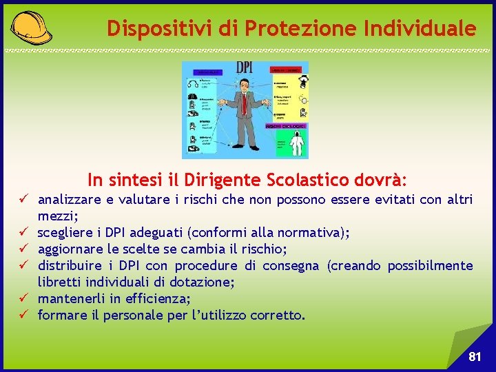 Dispositivi di Protezione Individuale In sintesi il Dirigente Scolastico dovrà: ü analizzare e valutare