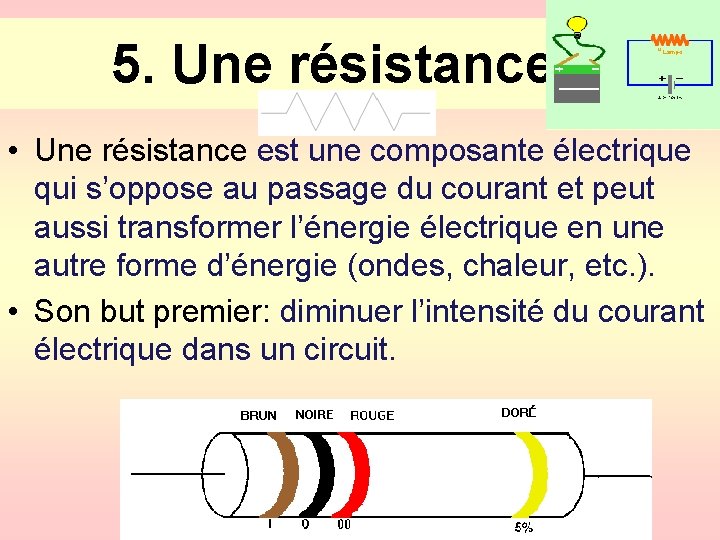 5. Une résistance • Une résistance est une composante électrique qui s’oppose au passage