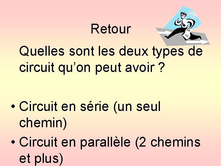 Retour Quelles sont les deux types de circuit qu’on peut avoir ? • Circuit