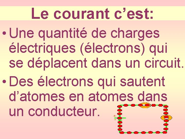 Le courant c’est: • Une quantité de charges électriques (électrons) qui se déplacent dans