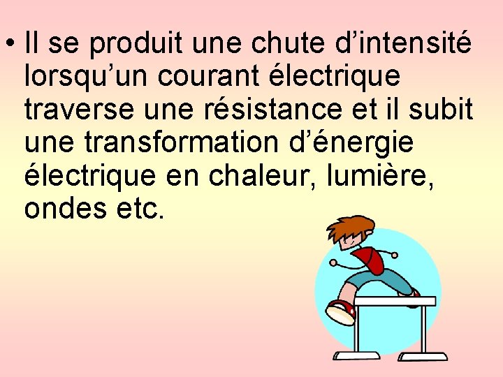  • Il se produit une chute d’intensité lorsqu’un courant électrique traverse une résistance