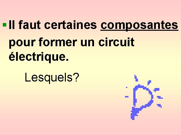 § Il faut certaines composantes pour former un circuit électrique. Lesquels? 