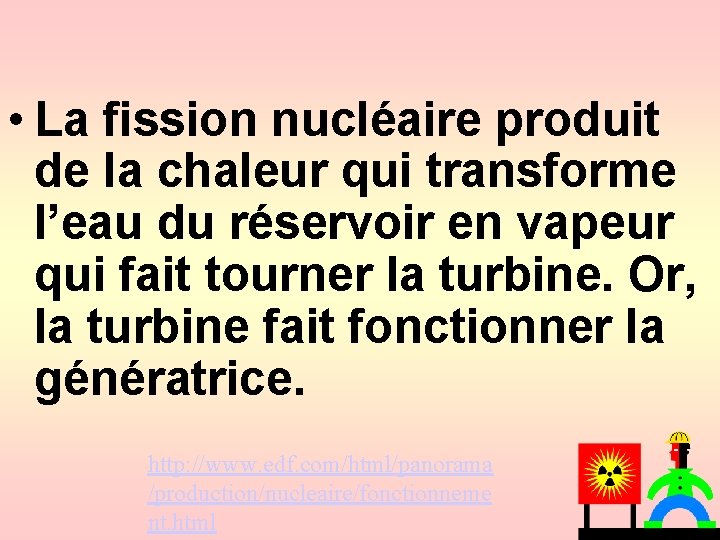  • La fission nucléaire produit de la chaleur qui transforme l’eau du réservoir