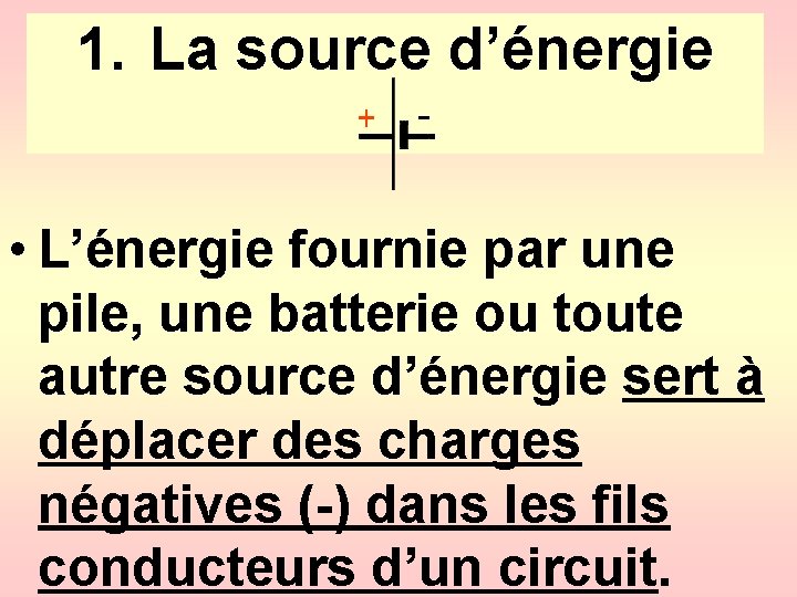 1. La source d’énergie • L’énergie fournie par une pile, une batterie ou toute