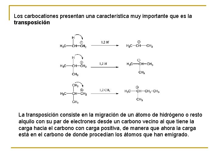 Los carbocationes presentan una característica muy importante que es la transposición La transposición consiste