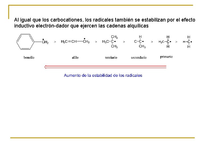 Al igual que los carbocationes, los radicales también se estabilizan por el efecto inductivo