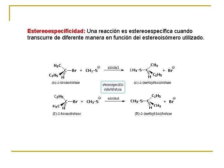 Estereoespecificidad: Una reacción es estereoespecífica cuando transcurre de diferente manera en función del estereoisómero