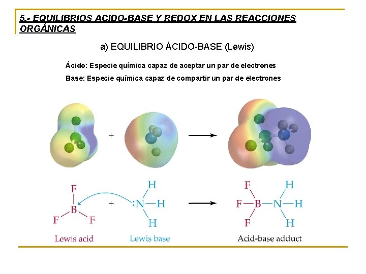 5. - EQUILIBRIOS ACIDO-BASE Y REDOX EN LAS REACCIONES ORGÁNICAS a) EQUILIBRIO ÁCIDO-BASE (Lewis)