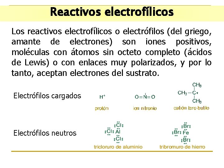 Reactivos electrofílicos Los reactivos electrofílicos o electrófilos (del griego, amante de electrones) son iones