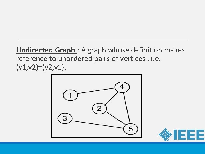 Undirected Graph : A graph whose definition makes reference to unordered pairs of vertices.