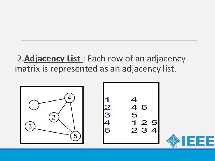 2. Adjacency List : Each row of an adjacency matrix is represented as an