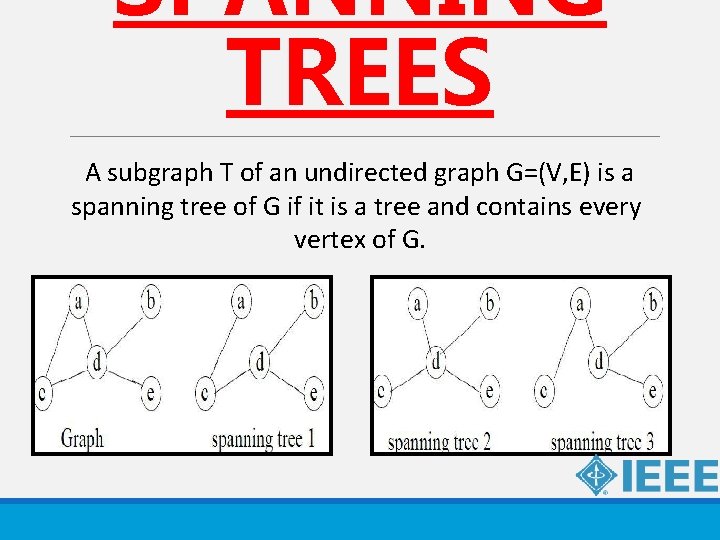 SPANNING TREES A subgraph T of an undirected graph G=(V, E) is a spanning