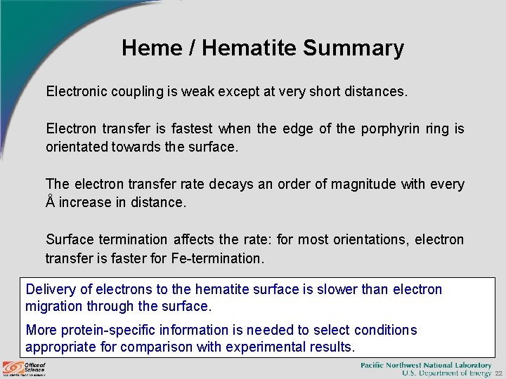 Heme / Hematite Summary Electronic coupling is weak except at very short distances. Electron