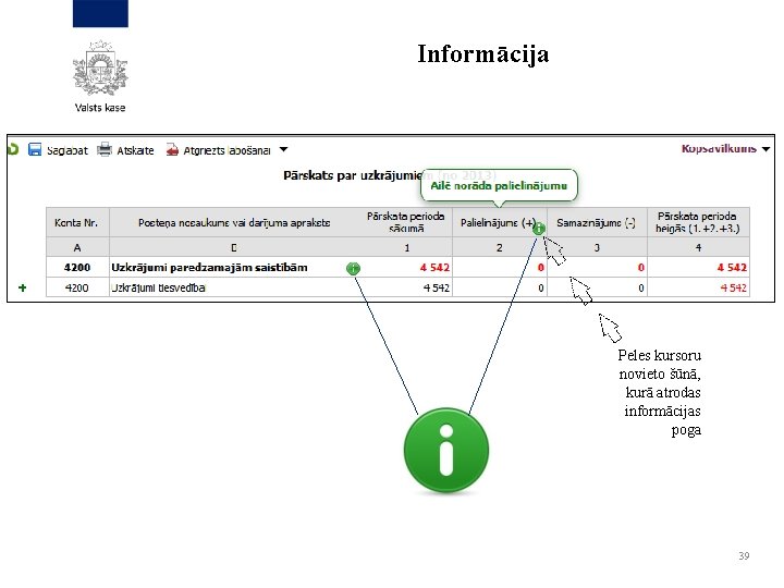 Informācija Peles kursoru novieto šūnā, kurā atrodas informācijas poga 39 