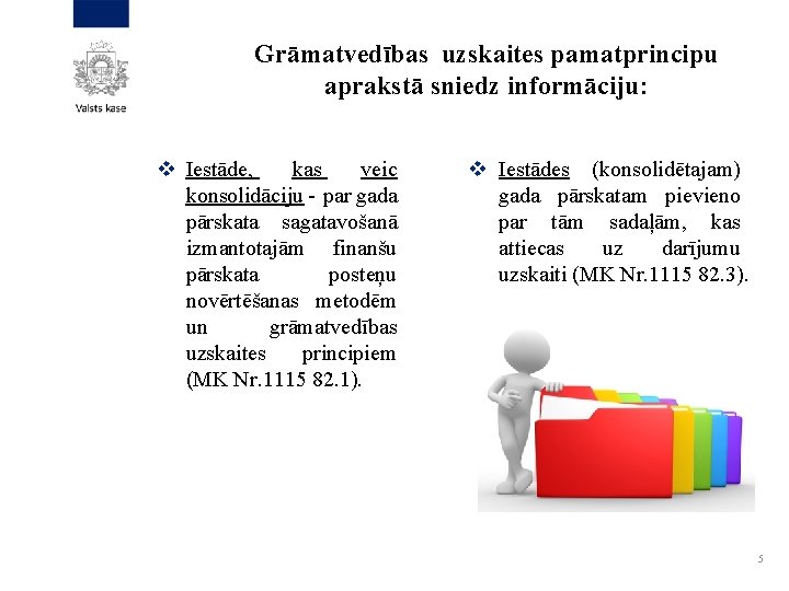 Grāmatvedības uzskaites pamatprincipu aprakstā sniedz informāciju: v Iestāde, kas veic konsolidāciju - par gada