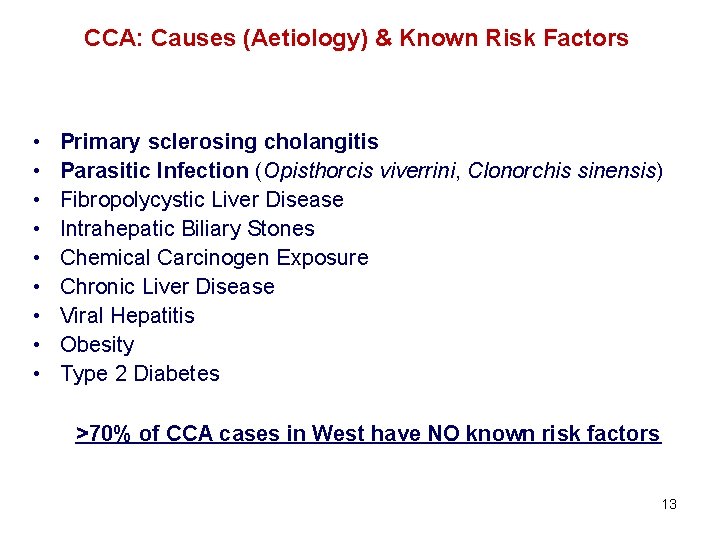 CCA: Causes (Aetiology) & Known Risk Factors • • • Primary sclerosing cholangitis Parasitic