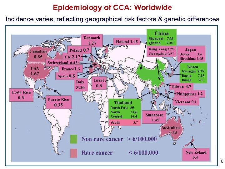 Epidemiology of CCA: Worldwide Incidence varies, reflecting geographical risk factors & genetic differences 8