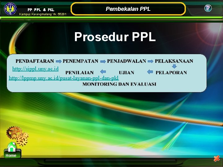 PP PPL & PKL Pembekalan PPL Kampus Karangmalang Yk. 55281 Prosedur PPL http: //sippl. PP PPL & PKL Pembekalan PPL Kampus Karangmalang Yk. 55281 Prosedur PPL http: //sippl.