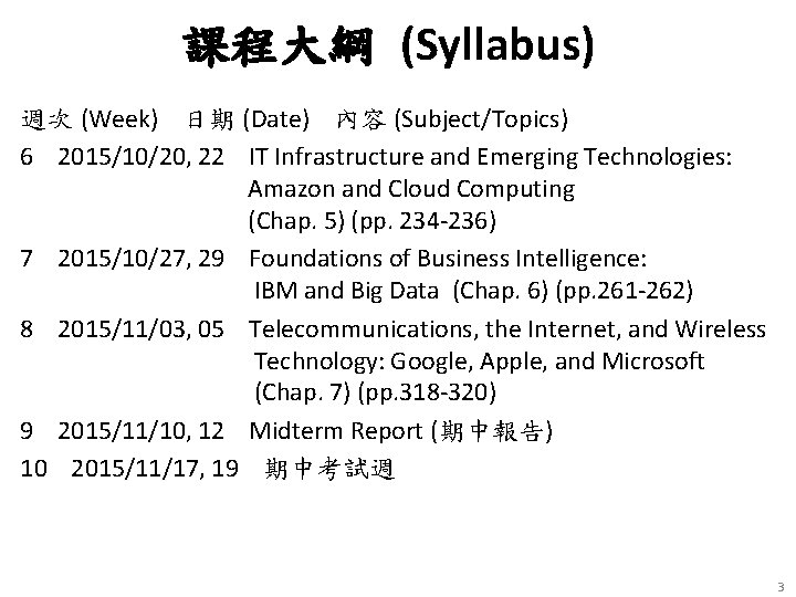 課程大綱 (Syllabus) 週次 (Week) 日期 (Date) 內容 (Subject/Topics) 6 2015/10/20, 22 IT Infrastructure and