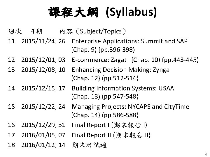 課程大綱 (Syllabus) 週次 日期 內容（Subject/Topics） 11 2015/11/24, 26 Enterprise Applications: Summit and SAP (Chap.