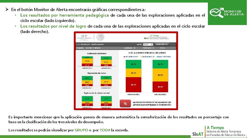 Ø En el botón Monitor de Alerta encontrarás gráficas correspondientes a: • Los resultados