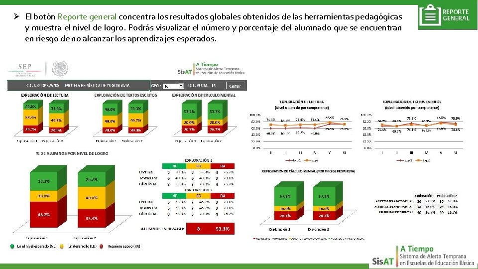 Ø El botón Reporte general concentra los resultados globales obtenidos de las herramientas pedagógicas