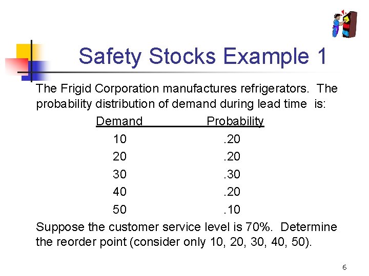 Safety Stocks Example 1 The Frigid Corporation manufactures refrigerators. The probability distribution of demand
