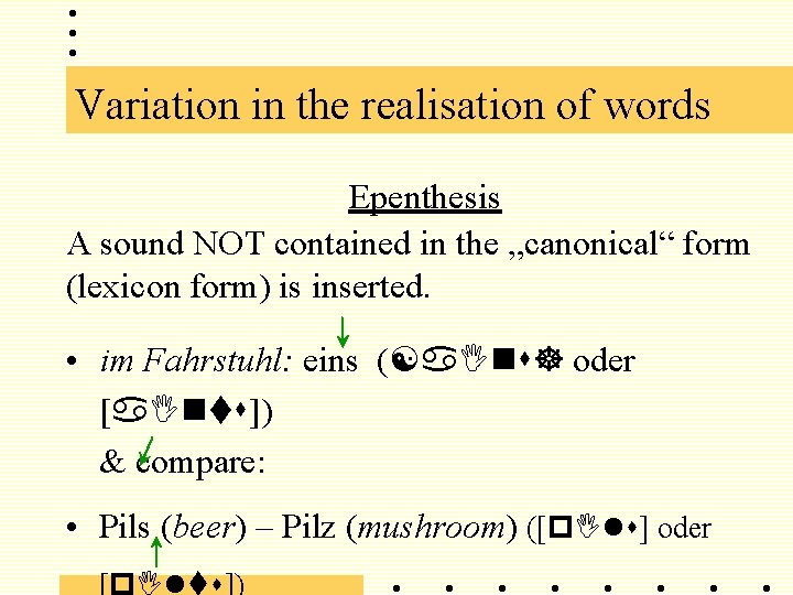 Variation in the realisation of words Epenthesis A sound NOT contained in the „canonical“