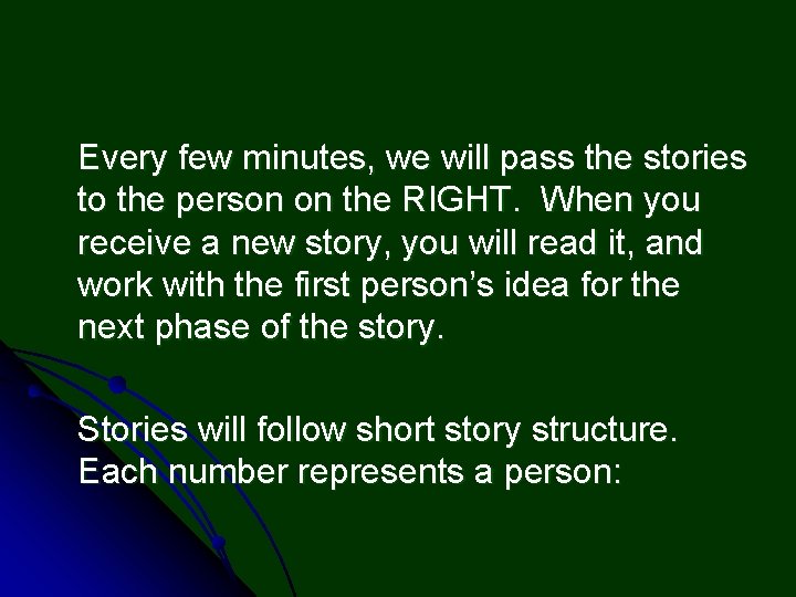 Every few minutes, we will pass the stories to the person on the RIGHT.