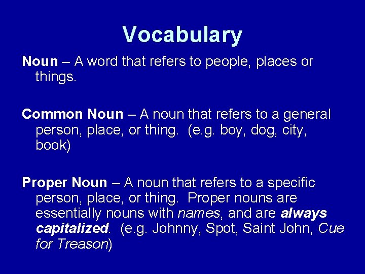 Vocabulary Noun – A word that refers to people, places or things. Common Noun